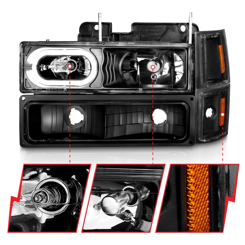 ANZO 88-98 Chevrolet C1500 Crystal Headlights with black housing, showcasing clear lenses and modern design.