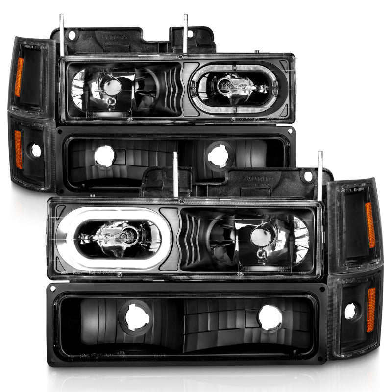 ANZO 88-98 Chevrolet C1500 Crystal Headlights with black housing, showcasing clear lenses and modern design.