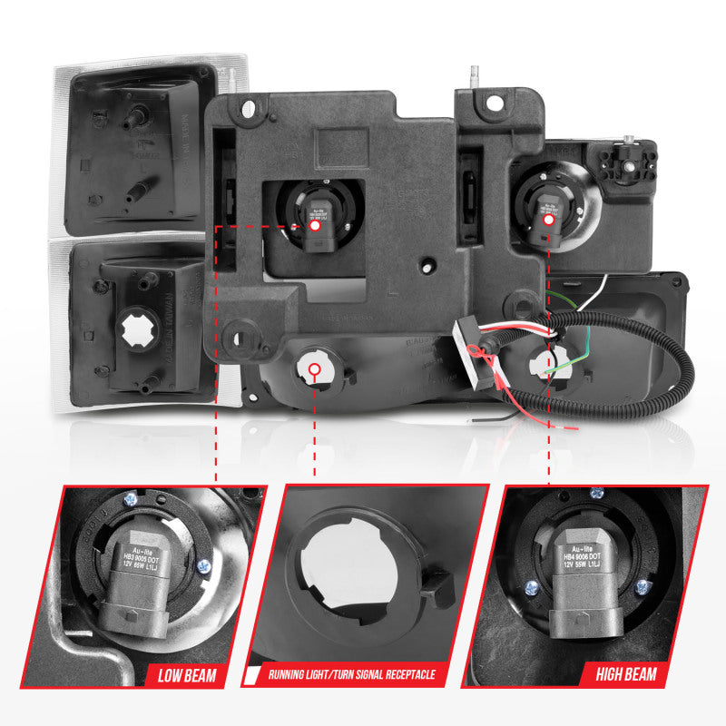 ANZO 88-98 Chevrolet C1500 Crystal Headlights with black housing, showcasing clear lenses and modern design.