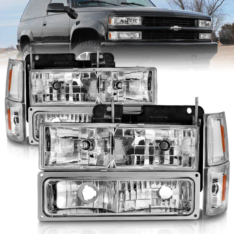 ANZO 88-98 Chevrolet C1500 Crystal Headlights with chrome housing and clear lens, designed for improved visibility and style.