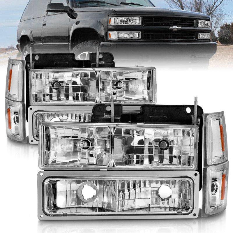 ANZO 88-98 Chevrolet C1500 Crystal Headlights with chrome housing and clear lens, designed for improved visibility and style.
