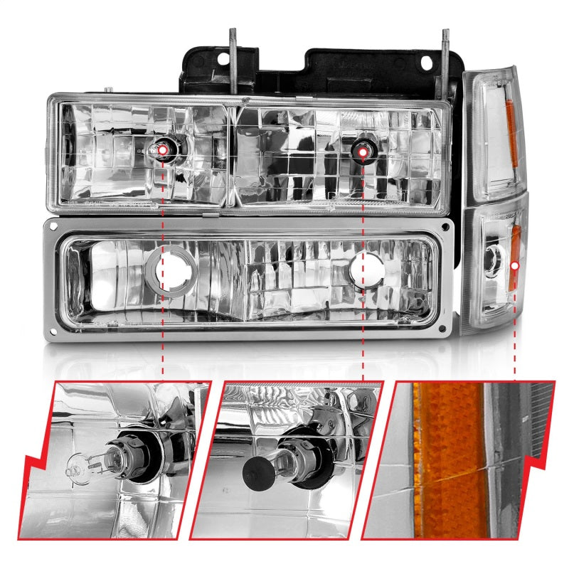 ANZO 88-98 Chevrolet C1500 Crystal Headlights with chrome housing and clear lens, designed for improved visibility and style.