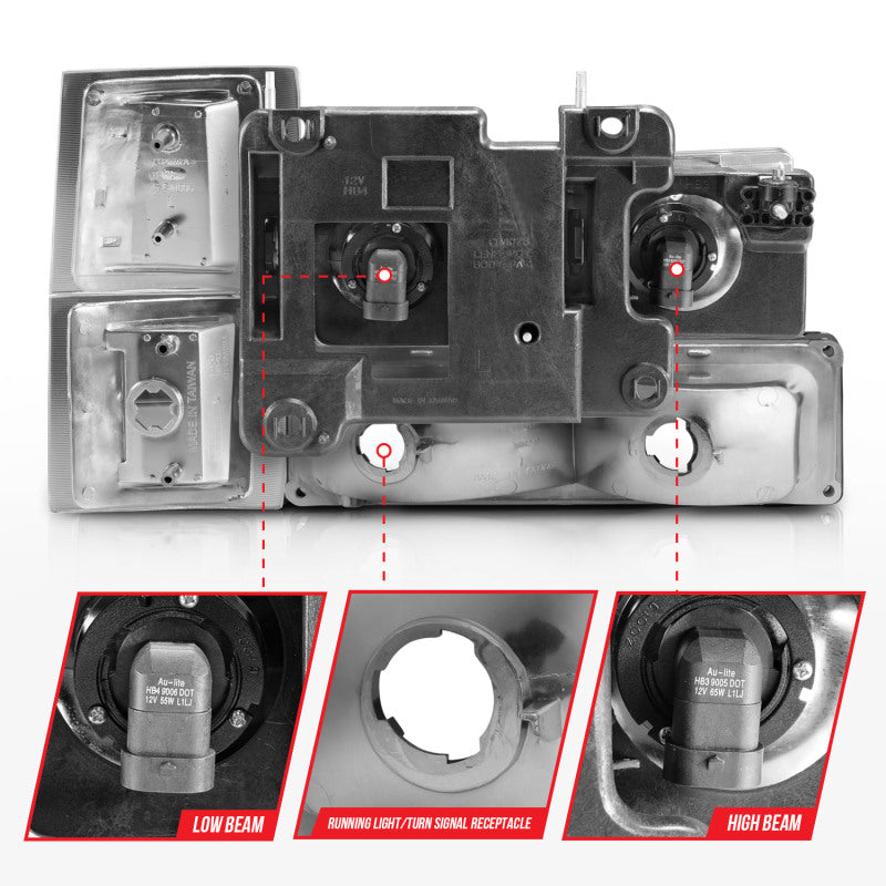 ANZO 88-98 Chevrolet C1500 Crystal Headlights with chrome housing and clear lens, designed for improved visibility and style.