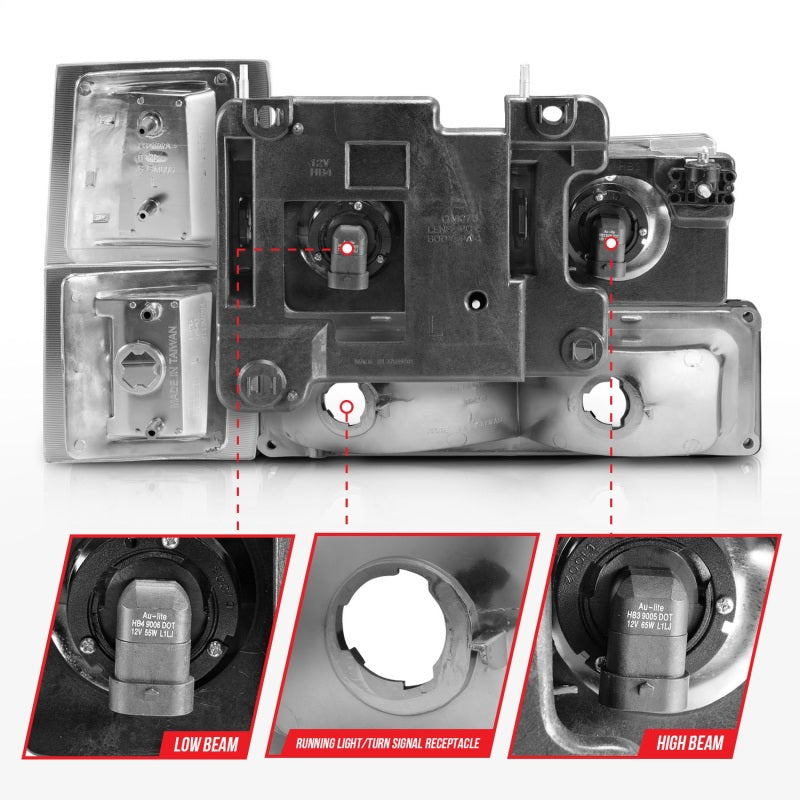 ANZO 88-98 Chevrolet C1500 Crystal Headlights with chrome housing and clear lens, designed for improved visibility and style.