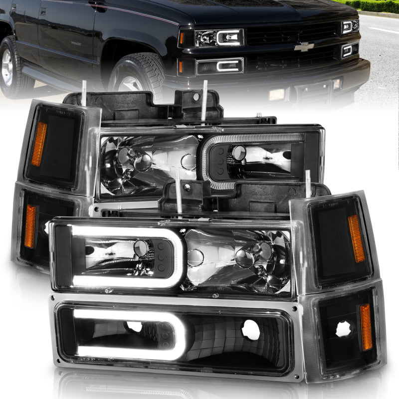 ANZO 88-98 Chevrolet C1500 Crystal Headlights with Light Bar in black housing, showcasing clear lens and modern design.