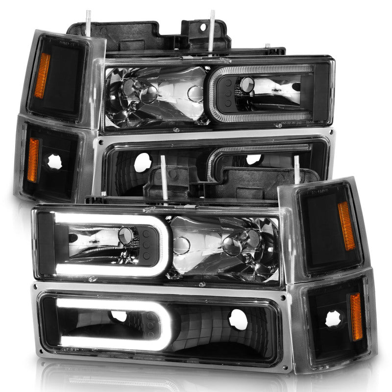ANZO 88-98 Chevrolet C1500 Crystal Headlights with Light Bar in black housing, showcasing clear lens and modern design.