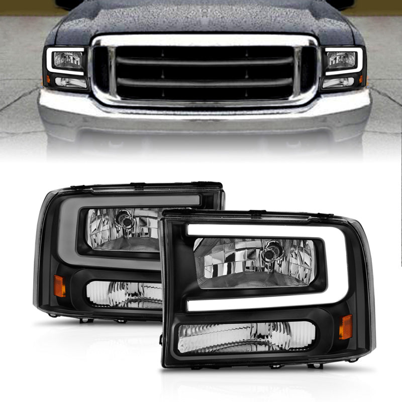 ANZO Crystal Headlight Set for Ford F250/F350/F450/Excursion with clear lens and black housing.