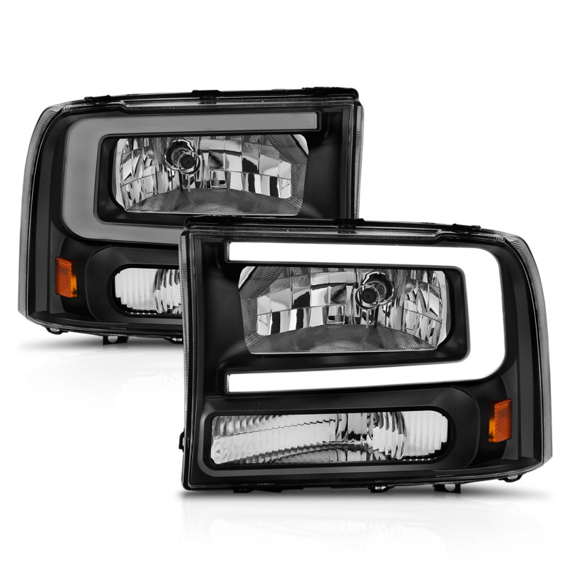 ANZO Crystal Headlight Set for Ford F250/F350/F450/Excursion with clear lens and black housing.