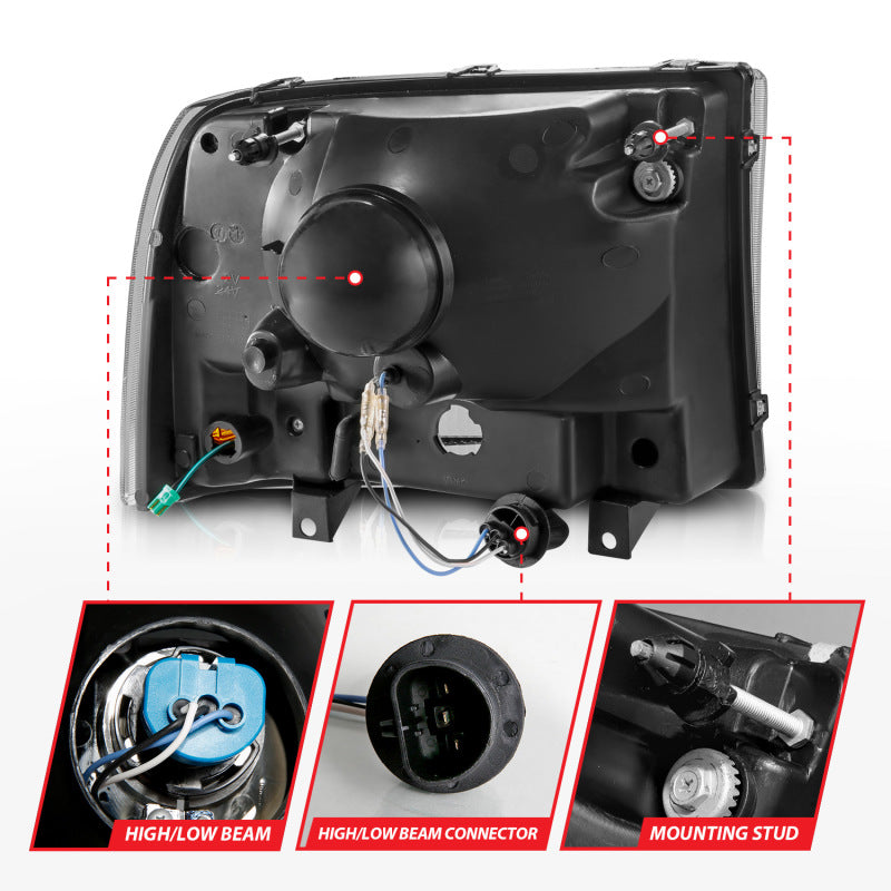 ANZO Crystal Headlight Set for Ford F250/F350/F450/Excursion with clear lens and black housing.