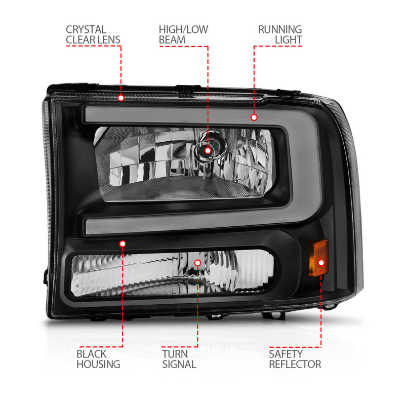 ANZO Crystal Headlight Set for Ford F250/F350/F450/Excursion with clear lens and black housing.