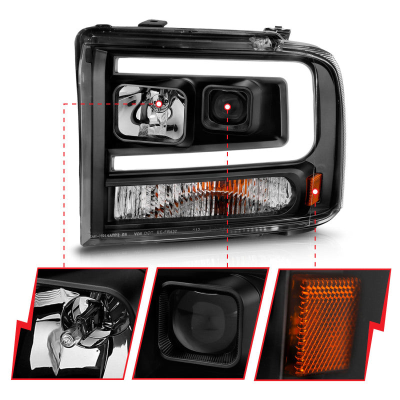 ANZO 99-04 Ford F250/F350/F450/Excursion Projector Headlight showcasing modern design and powerful light output.