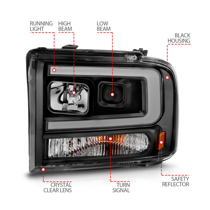 ANZO 99-04 Ford F250/F350/F450/Excursion Projector Headlight showcasing modern design and powerful light output.