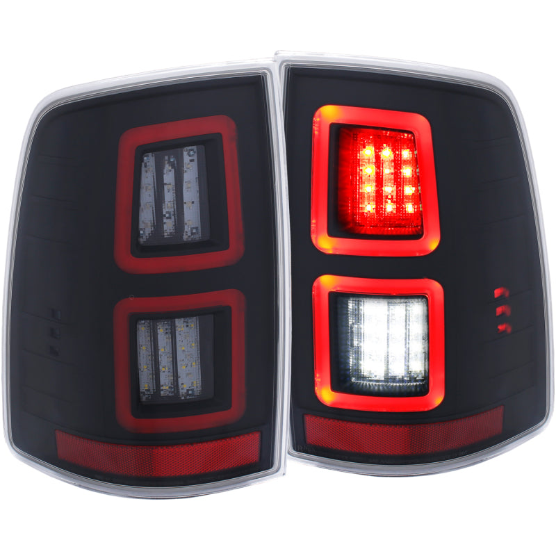 ANZO LED Black Taillights for 2013-2017 Dodge Ram 1500/2500/3500, featuring a sleek red/smoke lens design.