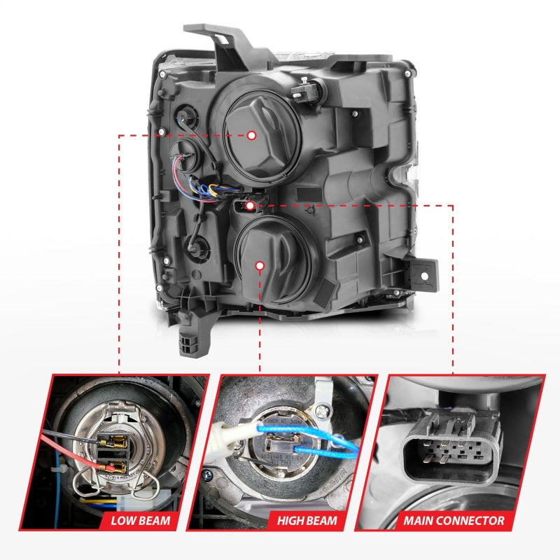 ANZO Projector Headlights for 2015-2019 Chevrolet Silverado 2500HD and 3500HD, showcasing sleek design and advanced lighting technology.