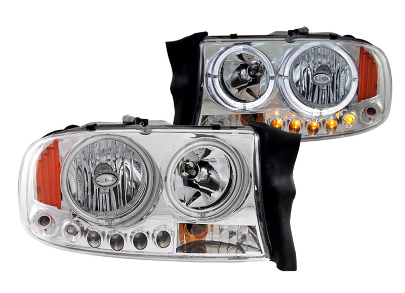 ANZO Projector Headlights with Halo Chrome for 1997-2004 Dodge Dakota, featuring clear lens and black housing.