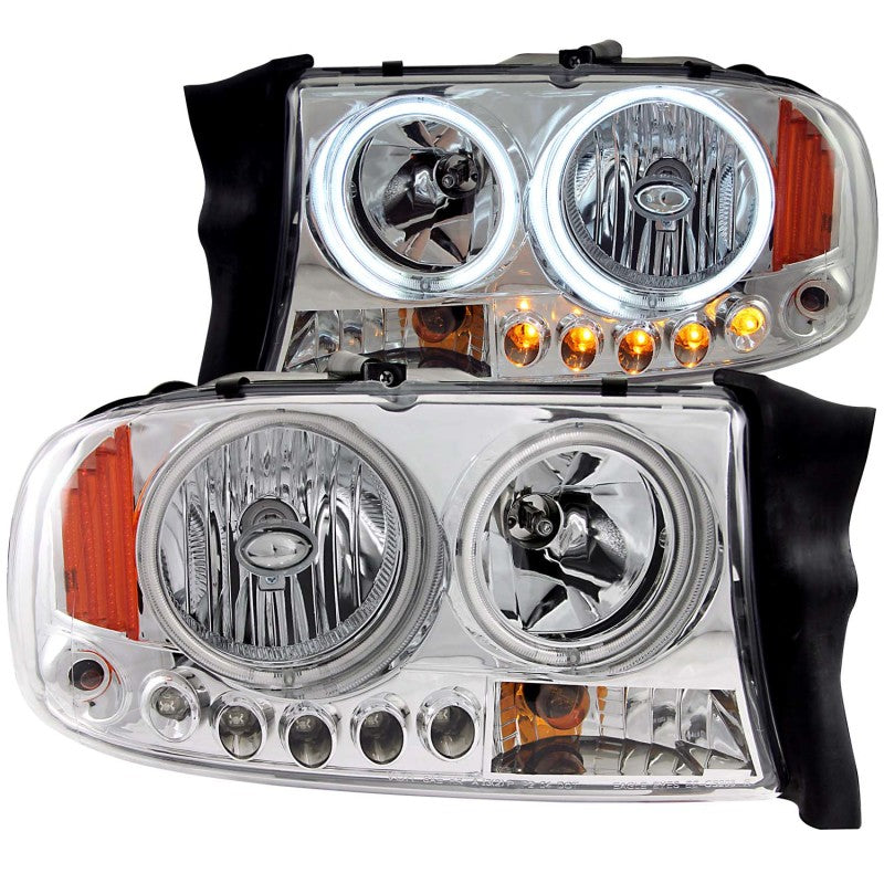 ANZO Projector Headlights with Halo Chrome for 1997-2004 Dodge Dakota, featuring clear lens and black housing.