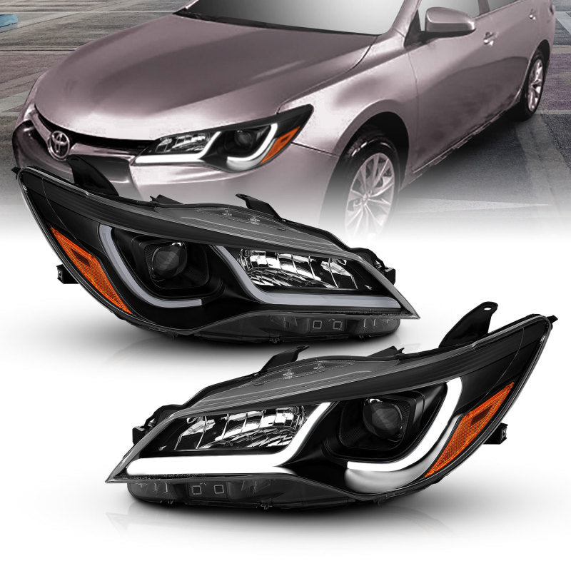ANZO Projector Headlights for 2015-2016 Toyota Camry, featuring black housing and amber accents.