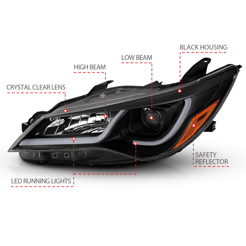 ANZO Projector Headlights for 2015-2016 Toyota Camry, featuring black housing and amber accents.