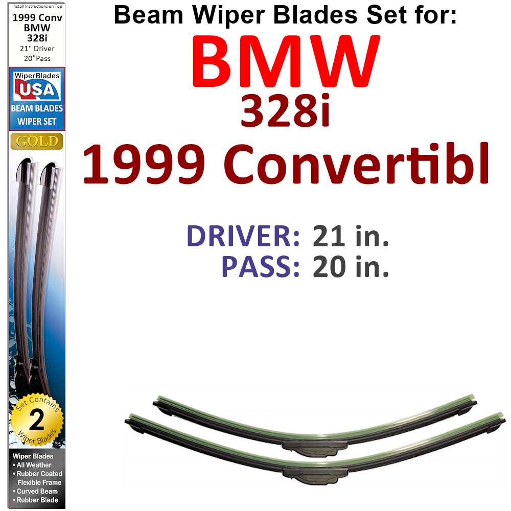 Set of two Beam Wiper Blades designed for 1999 BMW 328i Convertible, showcasing their flexible and durable construction.