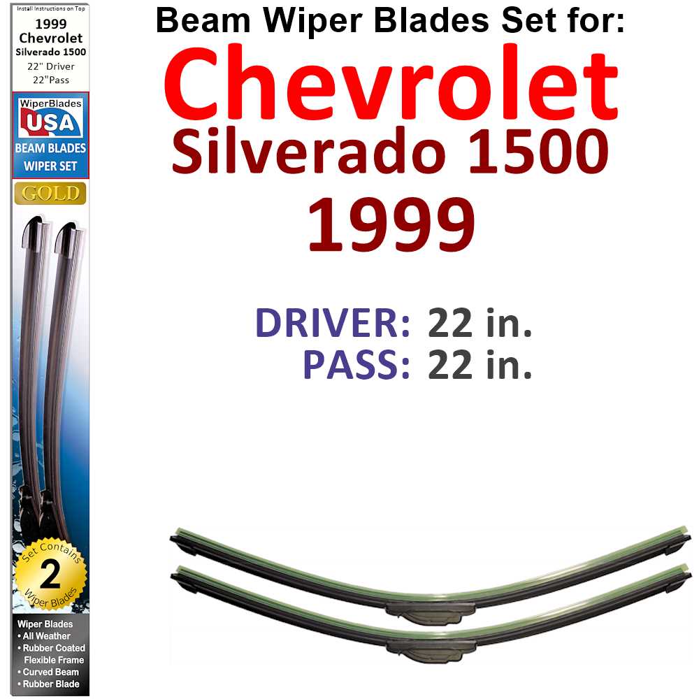 Set of two Beam Wiper Blades designed for 1999 Chevrolet Silverado 1500, showcasing their sleek, flexible design and durable rubber construction.