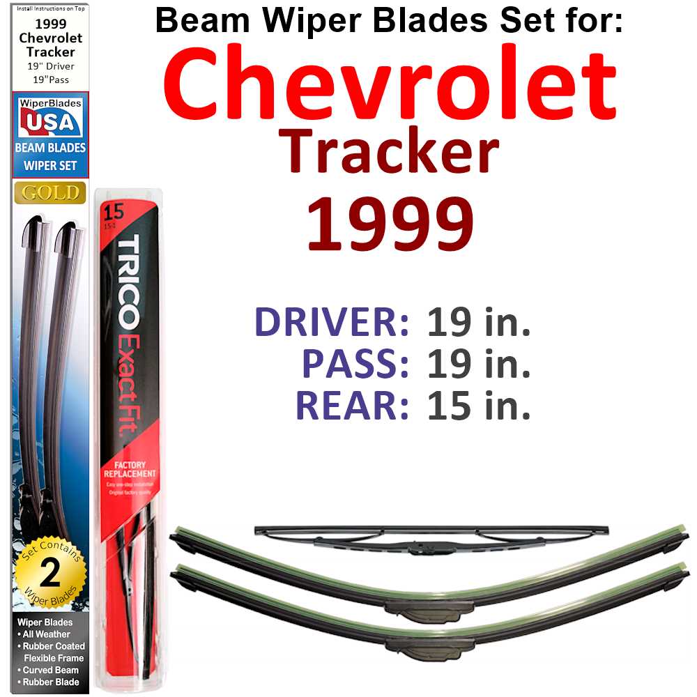 Set of 3 Beam Wiper Blades designed for 1999 Chevrolet Tracker, showcasing their flexible and durable construction.