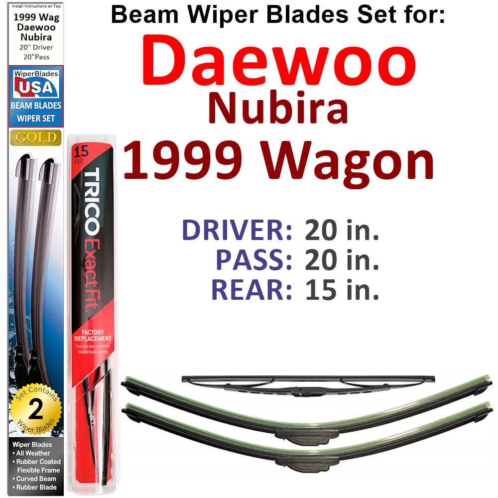 Set of 3 Beam Wiper Blades designed for 1999 Daewoo Nubira Wagon, showcasing their flexible and durable construction.