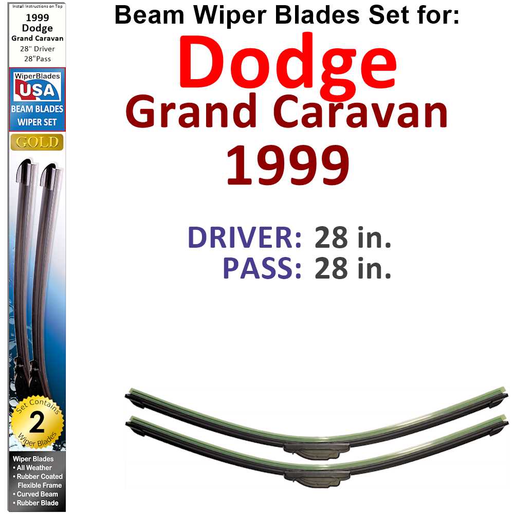 Set of 2 Beam Wiper Blades designed for 1999 Dodge Grand Caravan, showcasing their flexible and durable construction.