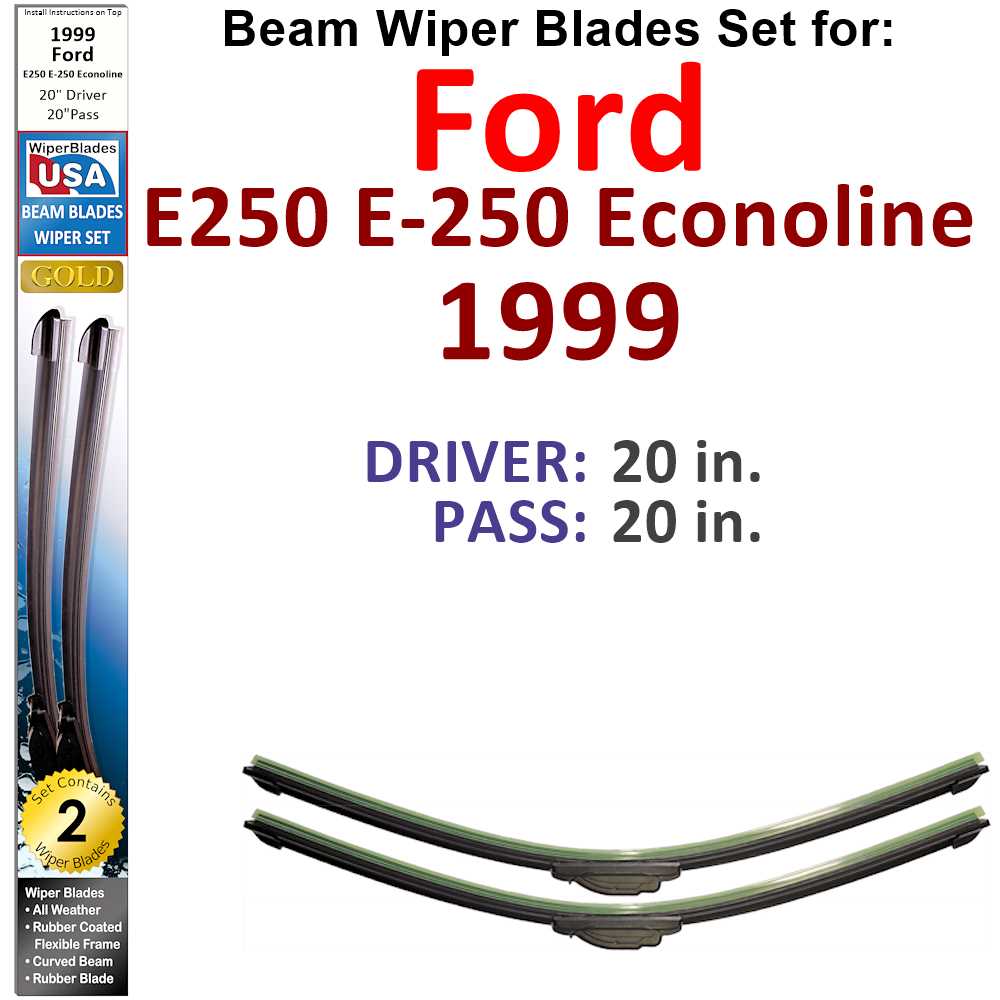 Set of 2 Beam Wiper Blades designed for 1999 Ford E250 E-250 Econoline, showcasing their flexible and durable construction.