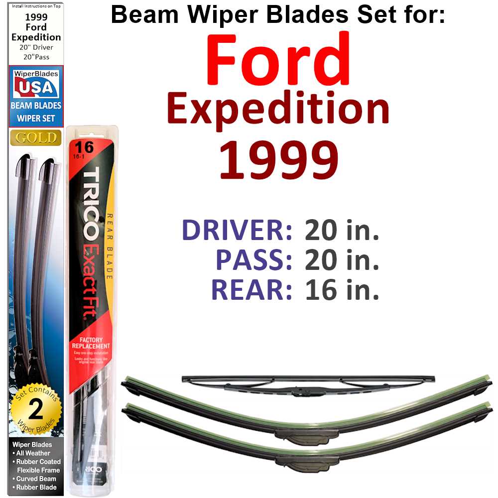 Set of 3 Beam Wiper Blades designed for 1999 Ford Expedition, showcasing their flexible and durable construction.