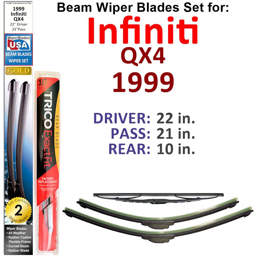 Set of 3 Beam Wiper Blades designed for 1999 Infiniti QX4, showcasing their flexible and sealed design for optimal performance.