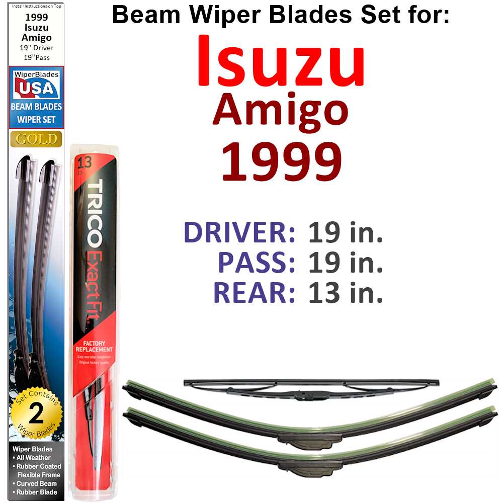 Set of 3 Beam Wiper Blades designed for 1999 Isuzu Amigo, showcasing their flexible and durable design.