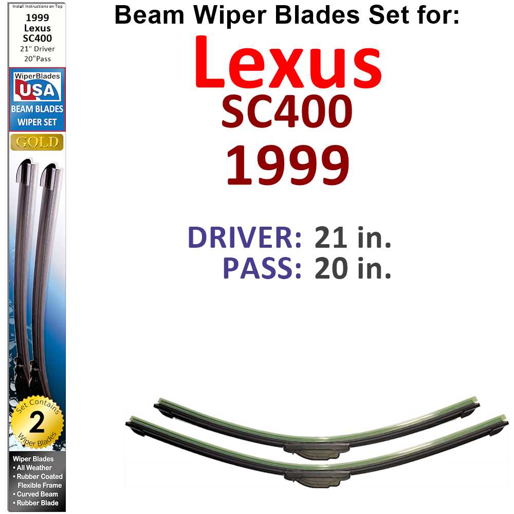 Set of two Beam Wiper Blades designed for 1999 Lexus SC400, showcasing their flexible and durable construction.