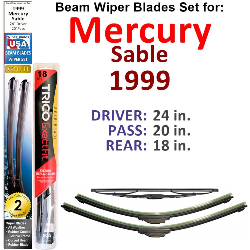 Set of 3 Beam Wiper Blades designed for 1999 Mercury Sable, showcasing their flexible and durable construction.