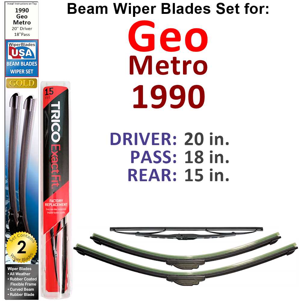Set of 3 Beam Wiper Blades designed for 1990 Geo Metro, showcasing their flexible and durable construction.