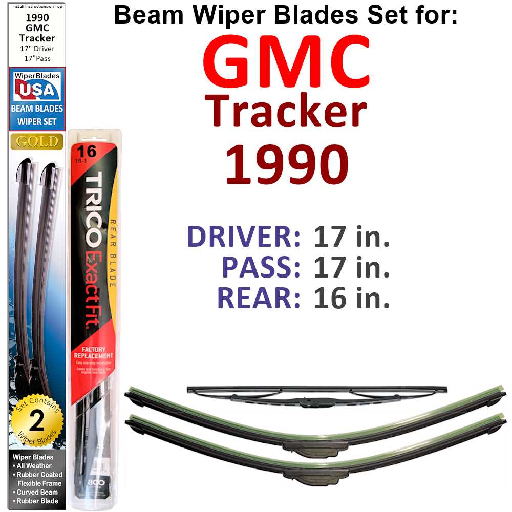 Set of 3 Beam Wiper Blades designed for 1990 GMC Tracker, showcasing their flexible and durable design.