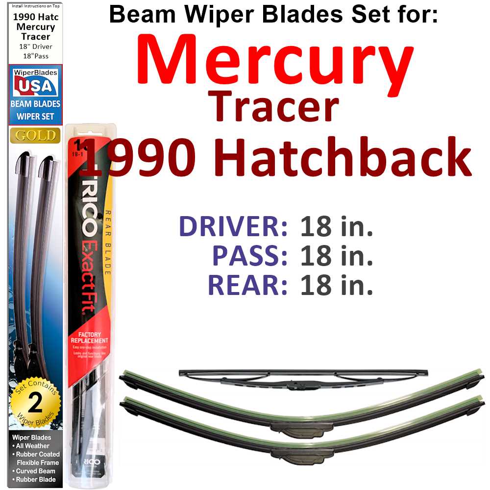 Set of 3 Beam Wiper Blades designed for 1990 Mercury Tracer Hatchback, showcasing their flexible and durable design.