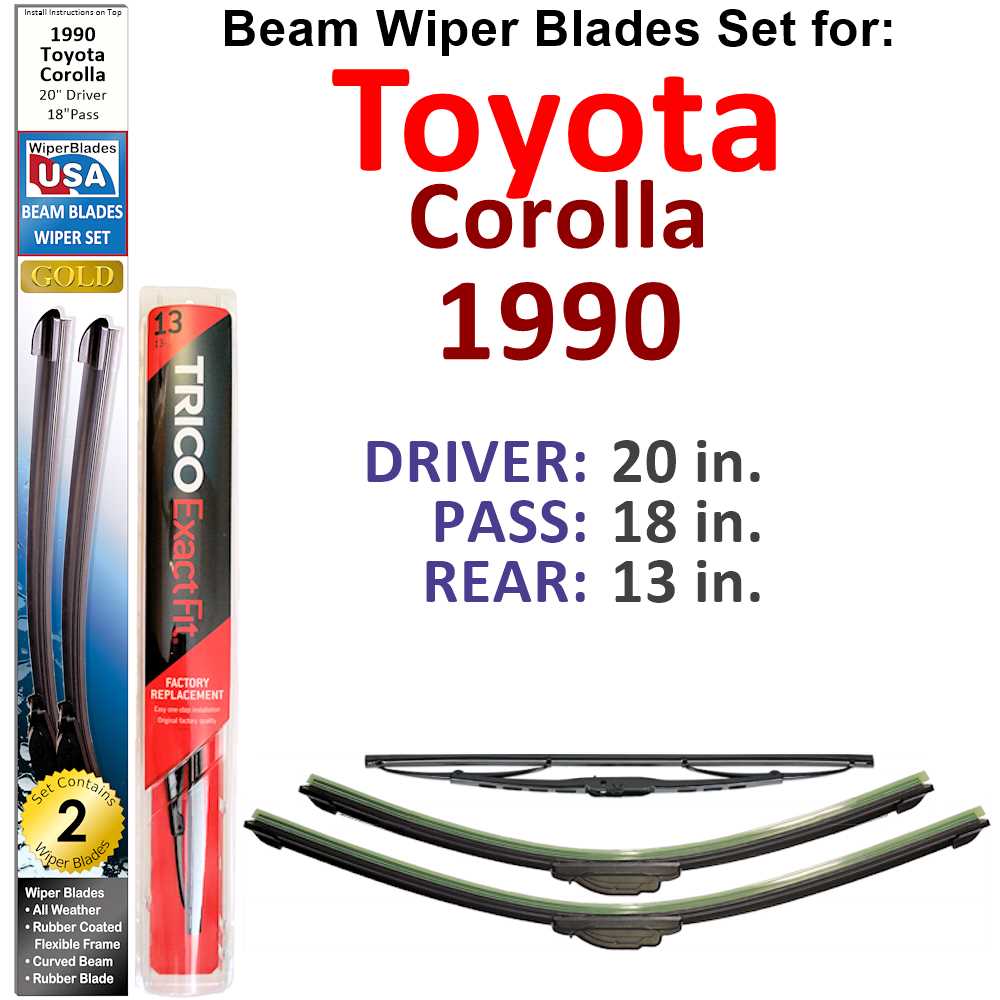 Set of 3 Beam Wiper Blades designed for 1990 Toyota Corolla, showcasing their flexible and durable construction.