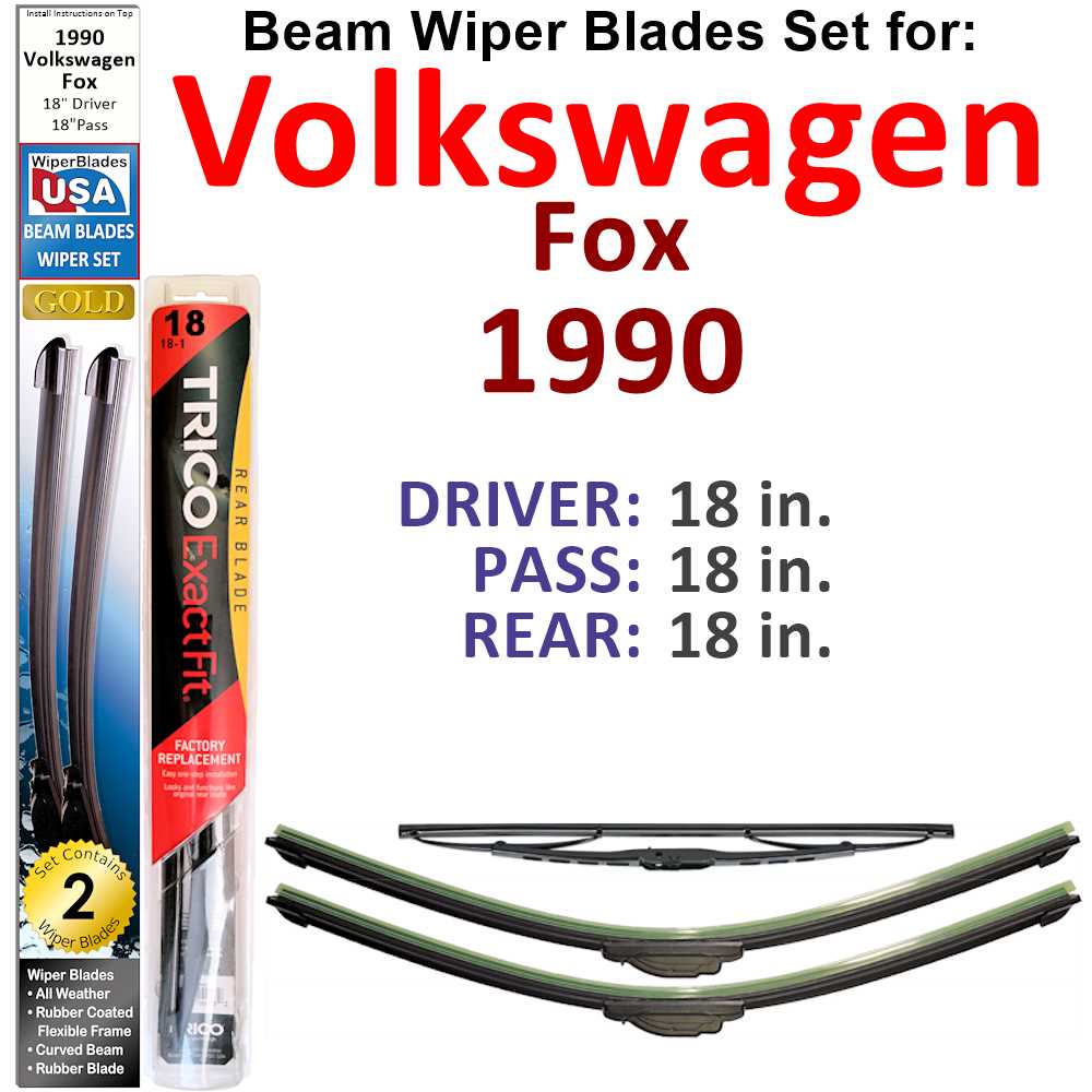 Set of 3 Beam Wiper Blades designed for 1990 Volkswagen Fox, showcasing their flexible and durable construction.