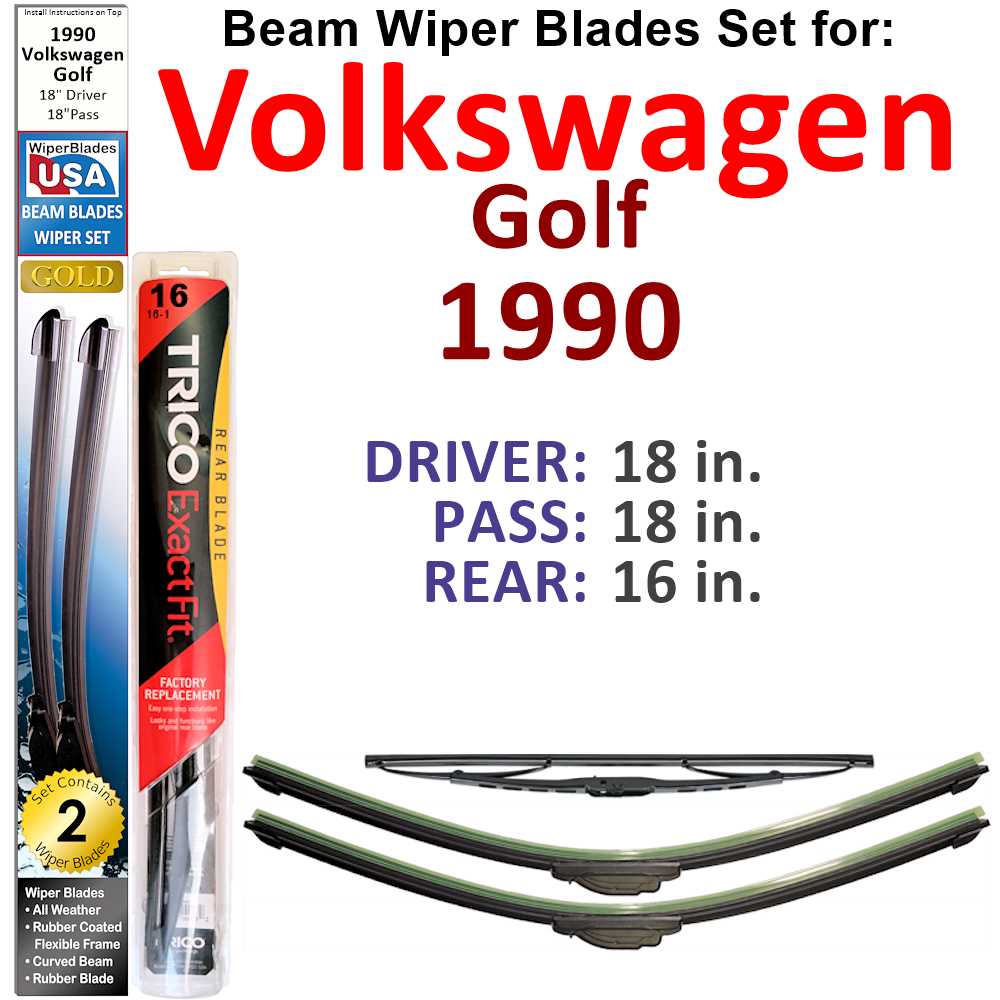 Set of 3 Beam Wiper Blades designed for 1990 Volkswagen Golf GTI 16-Valve, showcasing their sleek design and durable construction.
