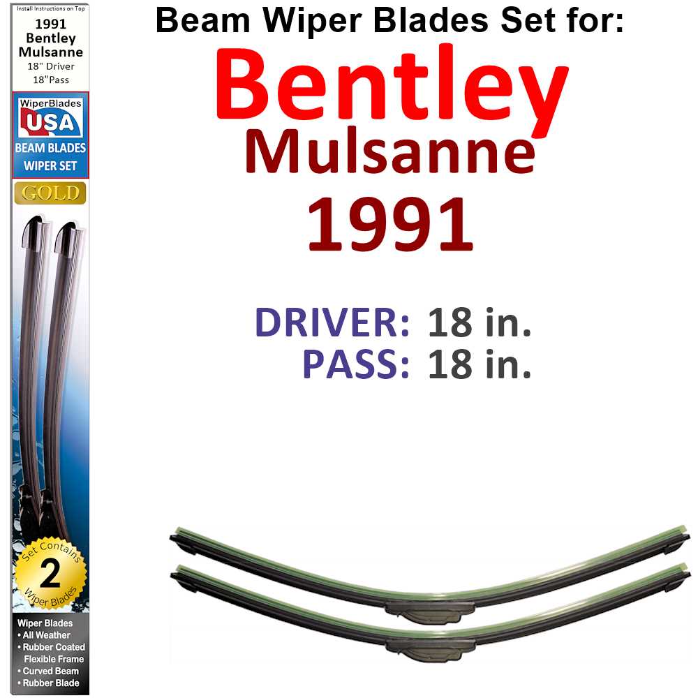 Set of 2 Beam Wiper Blades designed for 1991 Bentley Mulsanne, featuring a low-profile and flexible design for optimal windshield contact.