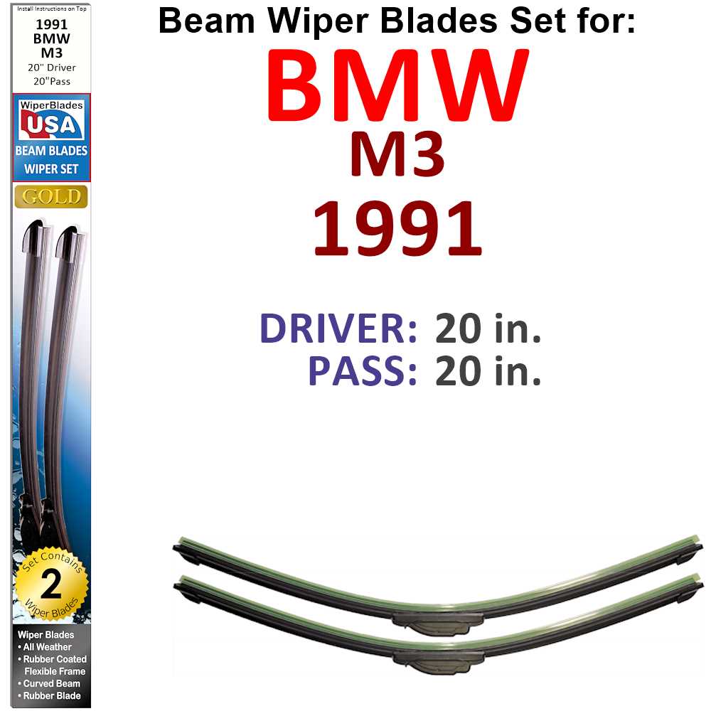 Set of 2 Beam Wiper Blades designed for 1991 BMW M3, featuring a low-profile design and rubber-encased metal spine for durability.