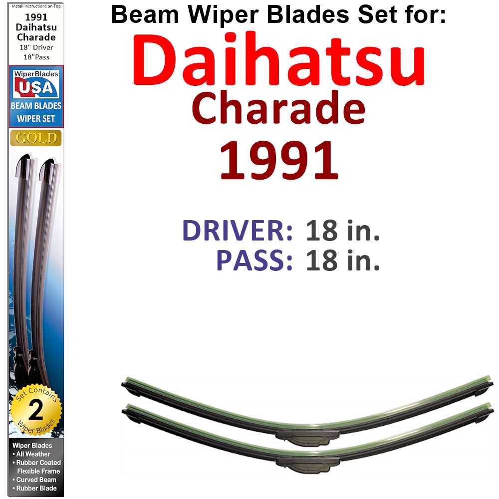 Set of 2 Beam Wiper Blades designed for 1991 Daihatsu Charade, showcasing their flexible and durable construction.