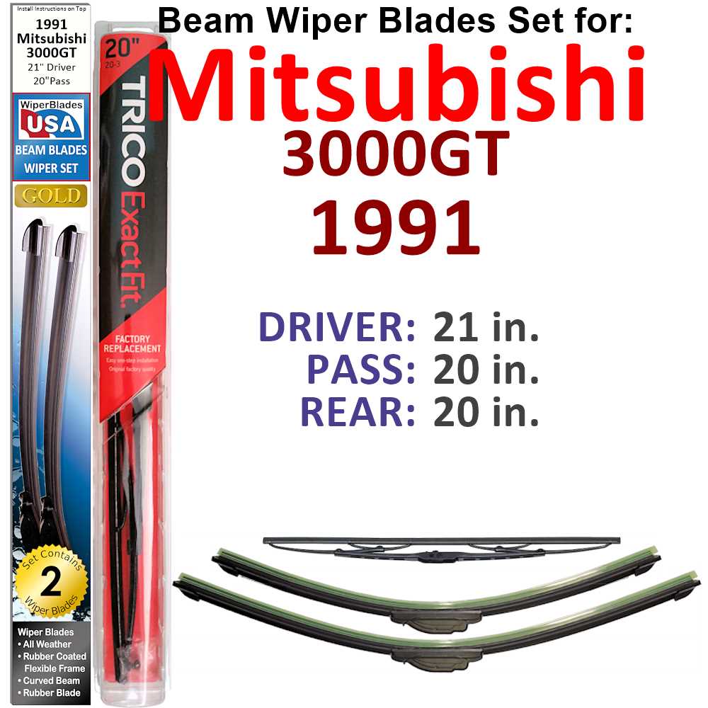 Set of 3 Beam Wiper Blades designed for 1991 Mitsubishi 3000GT, showcasing their flexible and durable construction.