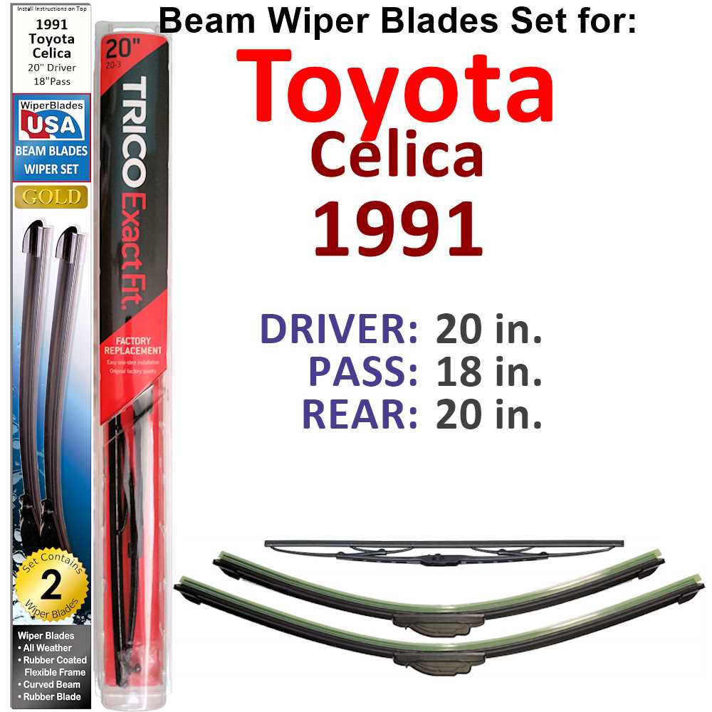 Set of 3 Beam Wiper Blades for 1991 Toyota Celica, showcasing their flexible design and rubber-covered spine for durability.