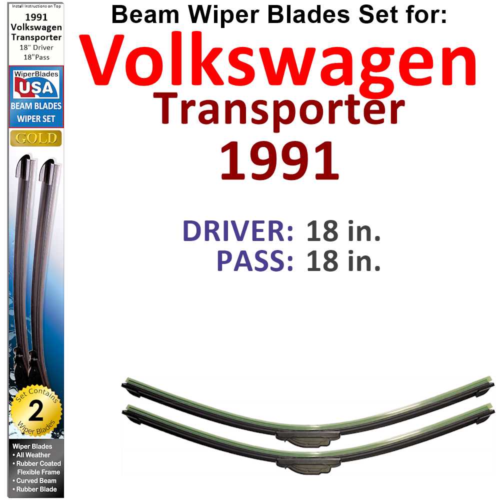 Set of two Beam Wiper Blades designed for 1991 Volkswagen Transporter, showcasing their sleek design and durable construction.