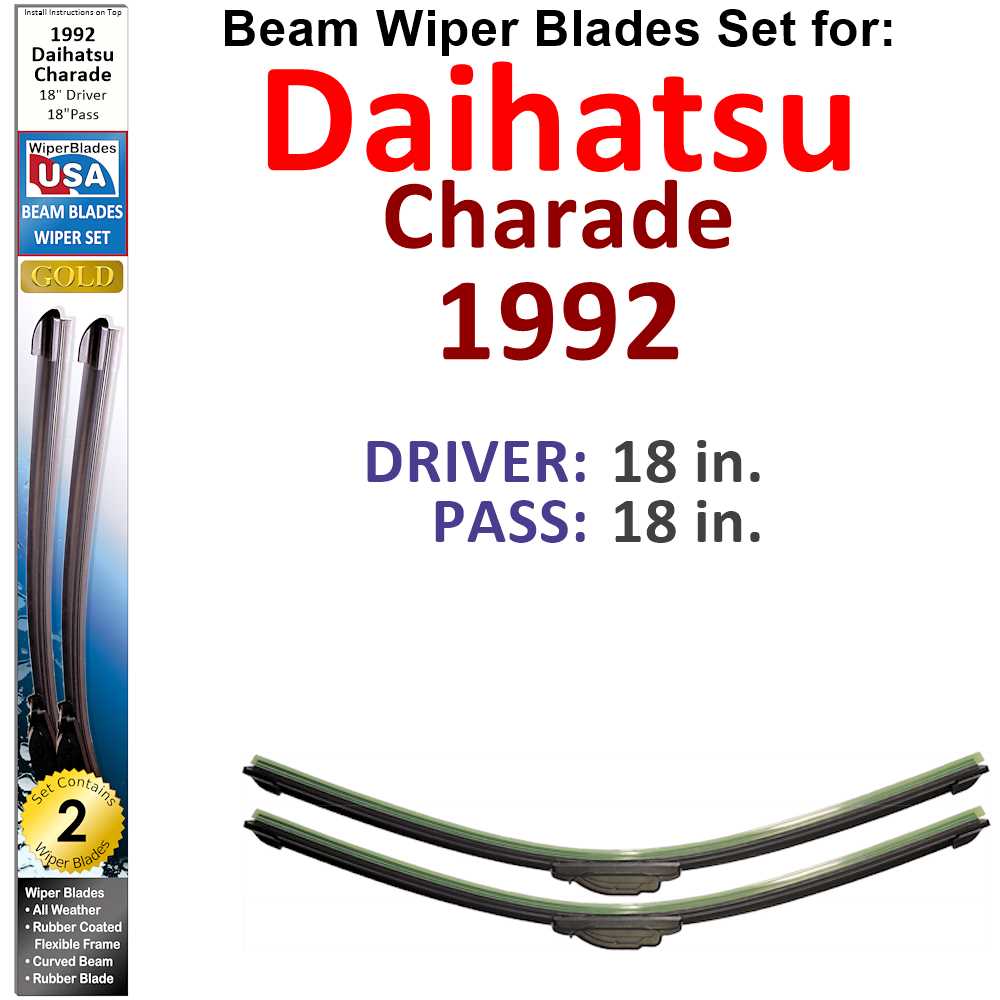 Set of 2 Beam Wiper Blades designed for 1992 Daihatsu Charade, showcasing their flexible and durable construction.