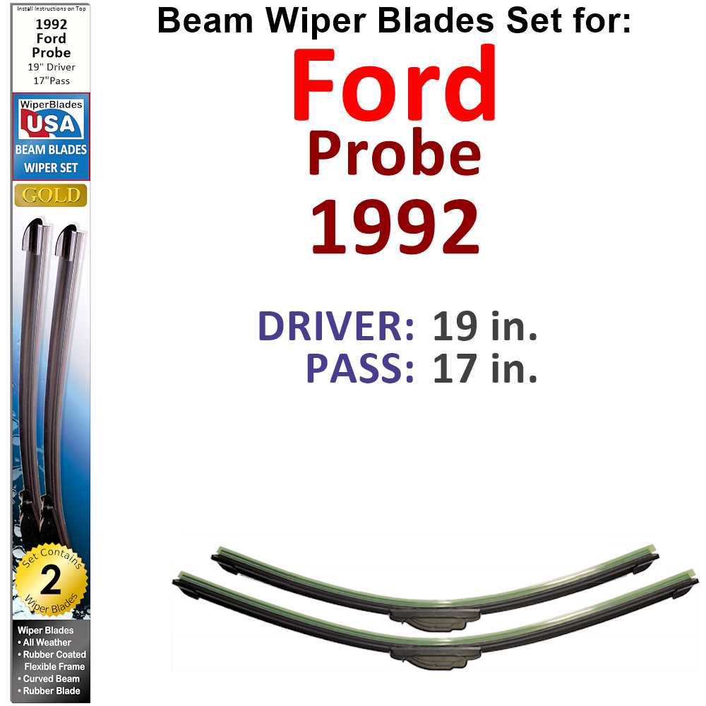 Set of two Beam Wiper Blades designed for 1992 Ford Probe, showcasing their flexible and durable construction.