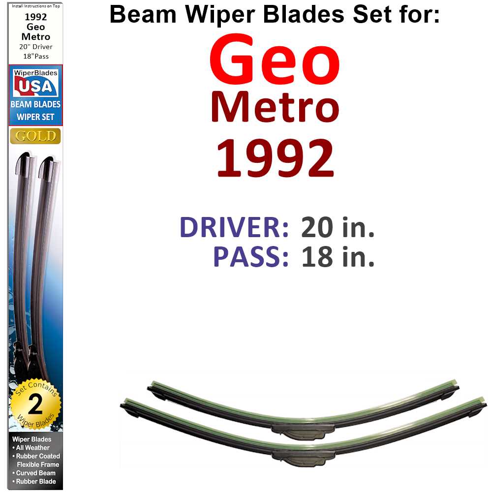 Set of two Beam Wiper Blades designed for 1992 Geo Metro, showcasing their flexible and durable construction.
