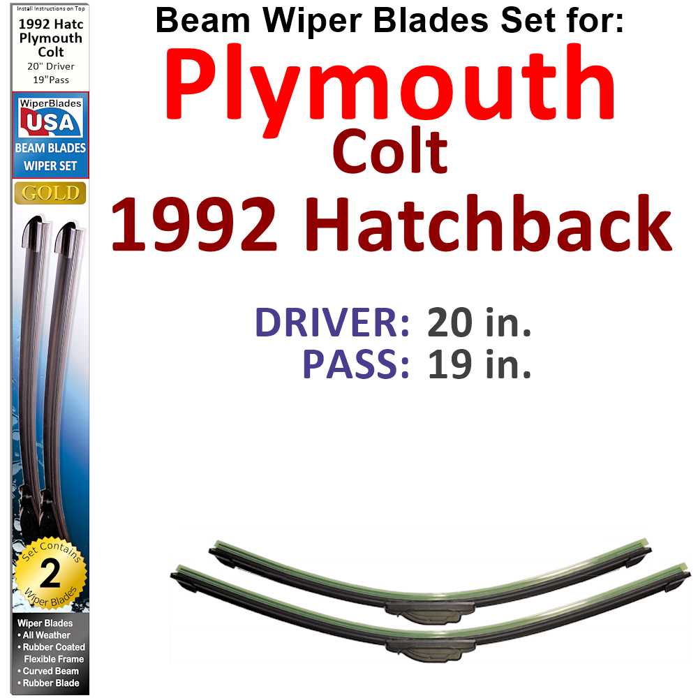 Set of 2 Beam Wiper Blades designed for 1992 Plymouth Colt Hatchback, showcasing their flexible and durable construction.