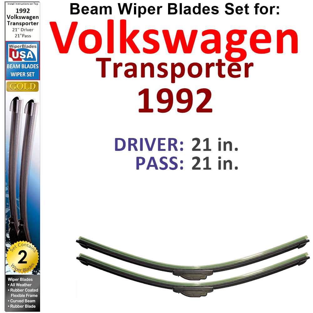 Set of two Beam Wiper Blades designed for 1992 Volkswagen Transporter, showcasing their sleek design and durable construction.